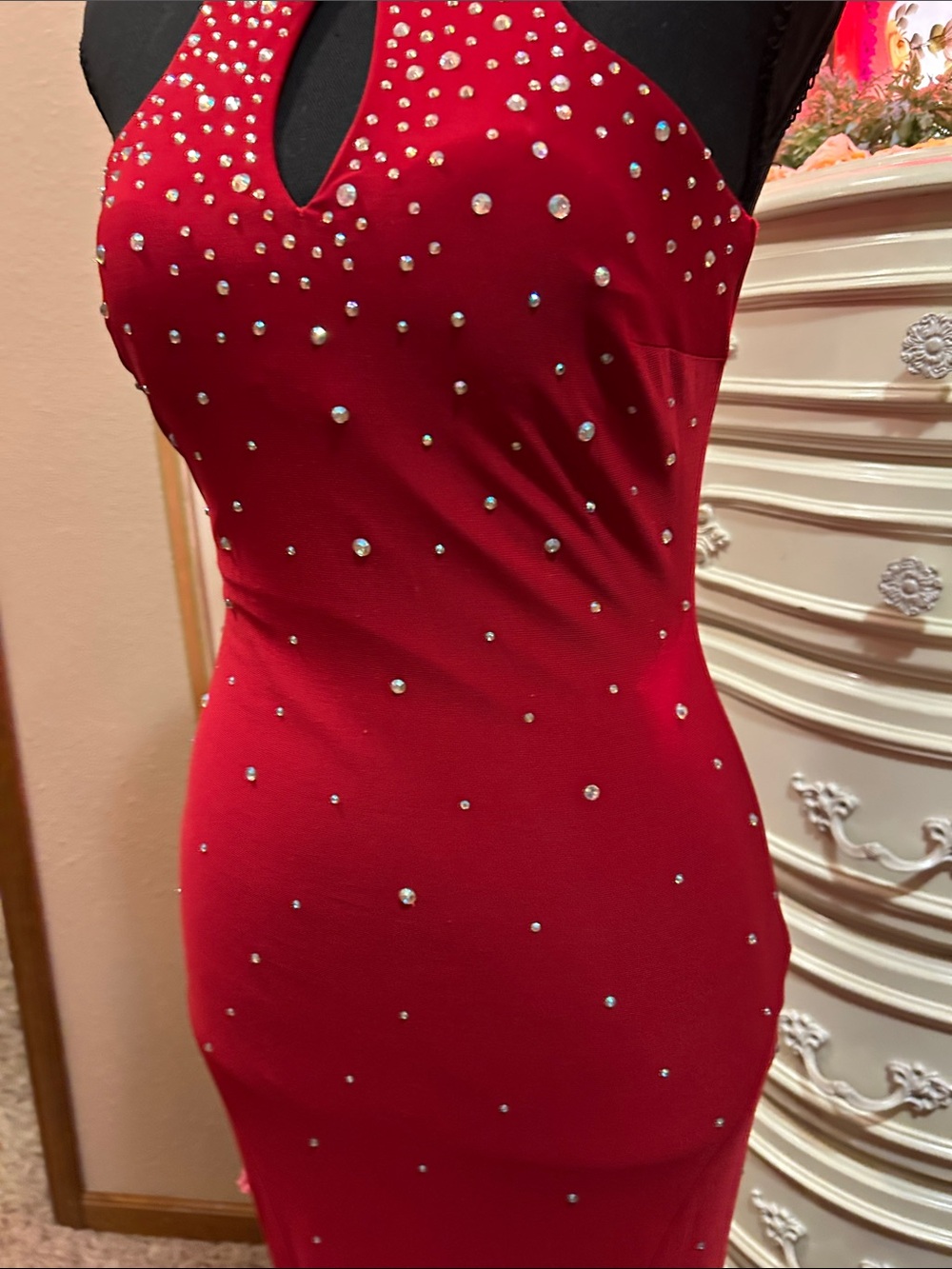 Red Rhinestone Embellished Prom Gown - Picture 3 of 8